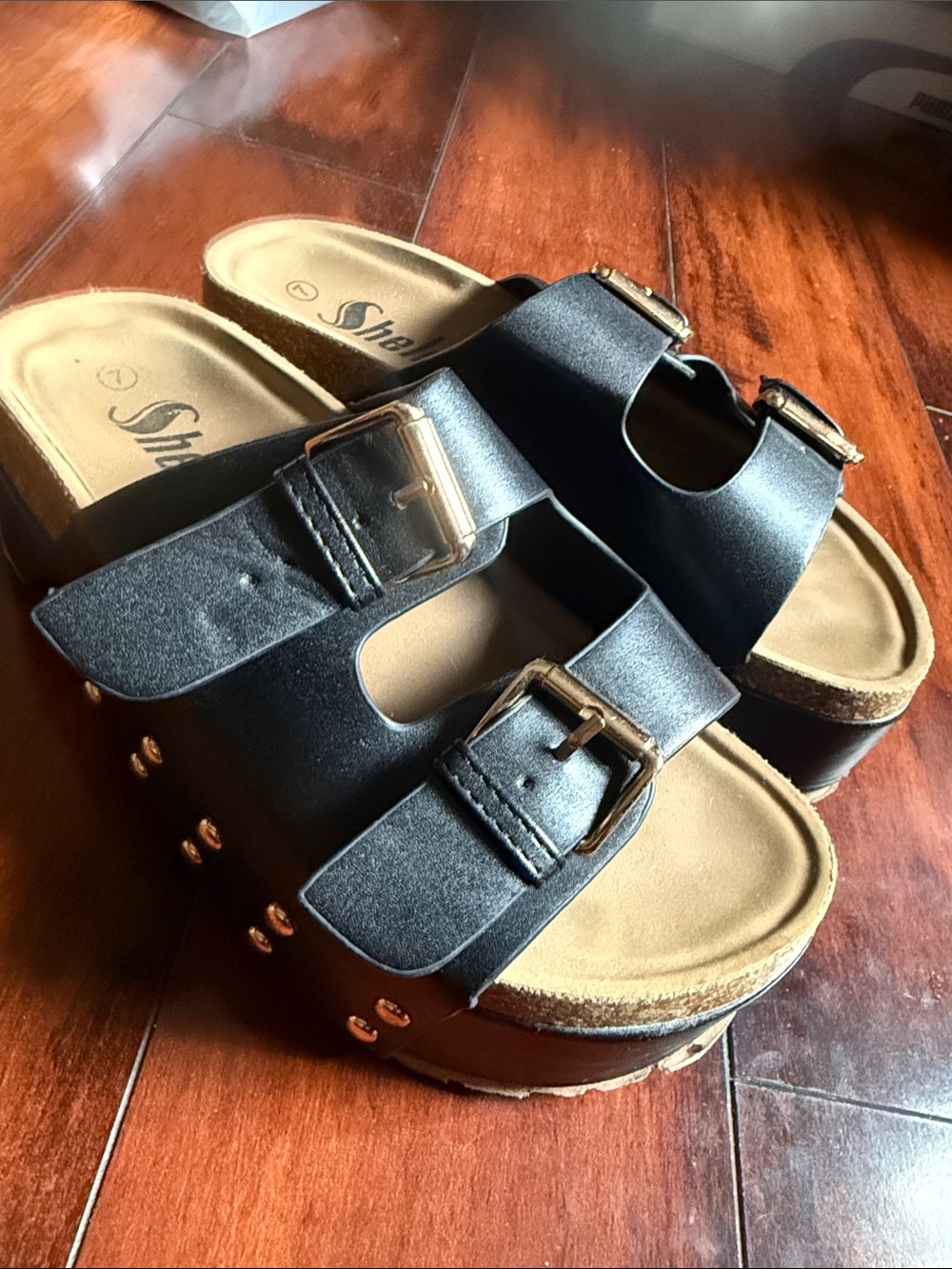 SHEIN Black Double-Buckle Studded Platform Sandals